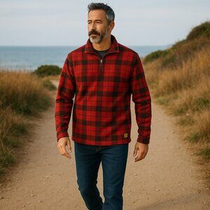 John Wayne Men Large Plaid Fleece Long Sleeve 1/4 Zip Sweater Sweatshirt Size L